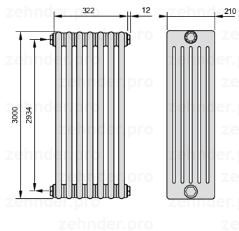 Схема (чертеж) Радиатор Zehnder Charleston 6300/7 №1270 Белый глянцевый RAL 9016